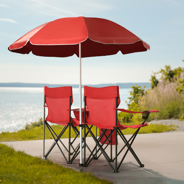 Portable Outdoor 2-Seat Folding Chair with Removable Sun Umbrella Red