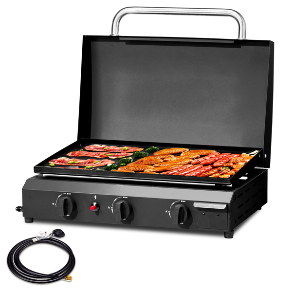 3-Burner Flat Top Gas Griddle Cooking Station with Ceramic Coated Cast Iron Pan, 30,000 BTU Propane Fuelled Griddle Station  for Outdoor Barbecue Backyard Cookout