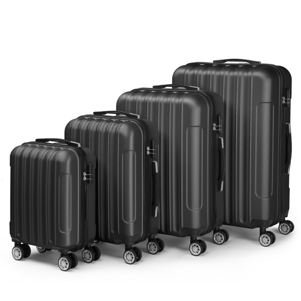 FCH Four-Piece Set Vertical Stripe ABS Luggage 16in, 20in, 24in, 28in with ABS Material and Steel Telescopic Handle in Classic Black