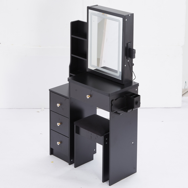 Small Size Left Bedside Cabinet Vanity Table + Cushioned Stool, 2 AC+2 USB Power Station, Hair dryer bracket, Extra Large Touch Control Sliding LED Mirror, Tri-color Switching, EPA,GCC,UL Certificate