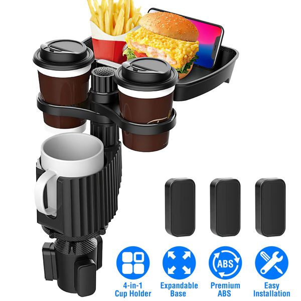 4-in-1 Car Cup Holder Tray Food Table Phone Hold Car Expander Detachable 360 Degree Rotatable Expandable Base Car Desk