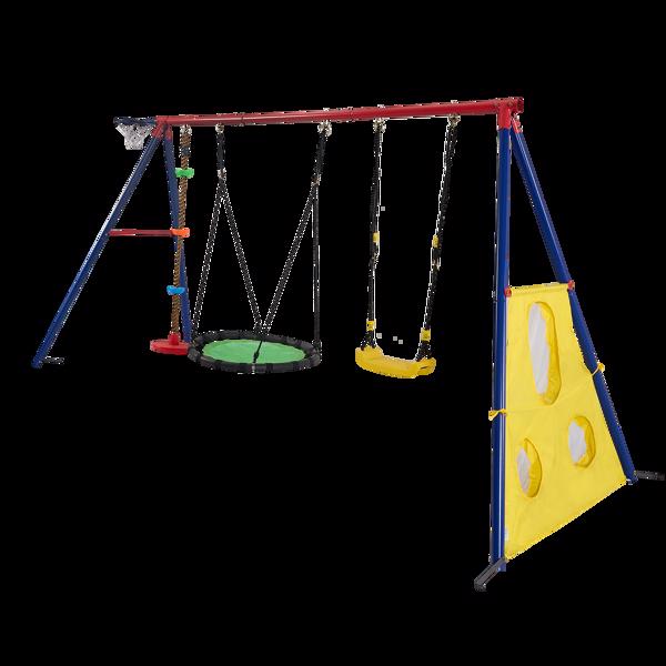 XNS093 rinbow colour interesting three swingset with Textilene swing and Tree Swing Disc metal plastic safe swing seat 550lbs for outdoor playground for age 3+