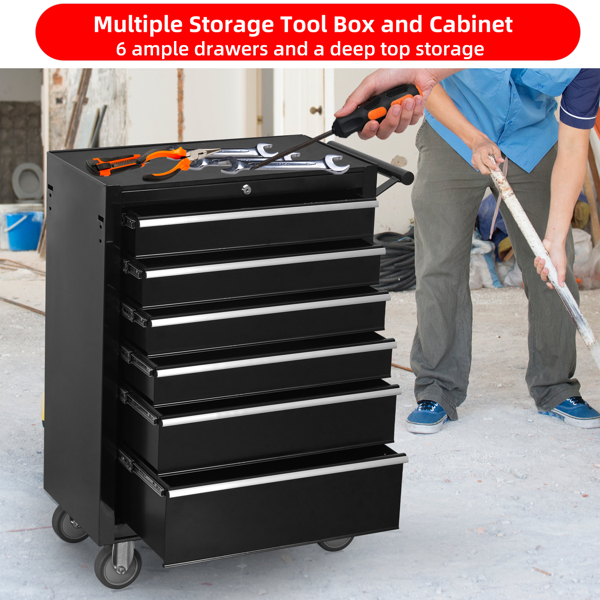 6-Drawer Rolling Tool Chest Cabinet, Large Capacity Metal  Tool Box with Wheels and Locking, Roll Around Storage Organizer Tool Cart for Garage, Warehouse, Work Shop - Black