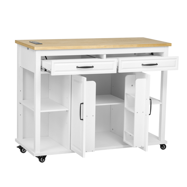 47 inch Kitchen Island with Extendable Dining Table, Rubber Wood Veneer Kitchen Table with Internal Storage Rack, Power Outlet, Kitchen island with Storage 2 Drawers 2 Cabinet,White