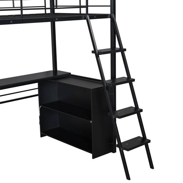 Twin Size Metal Loft Bed with LED, Desk and 4 Storage Shelves, Black