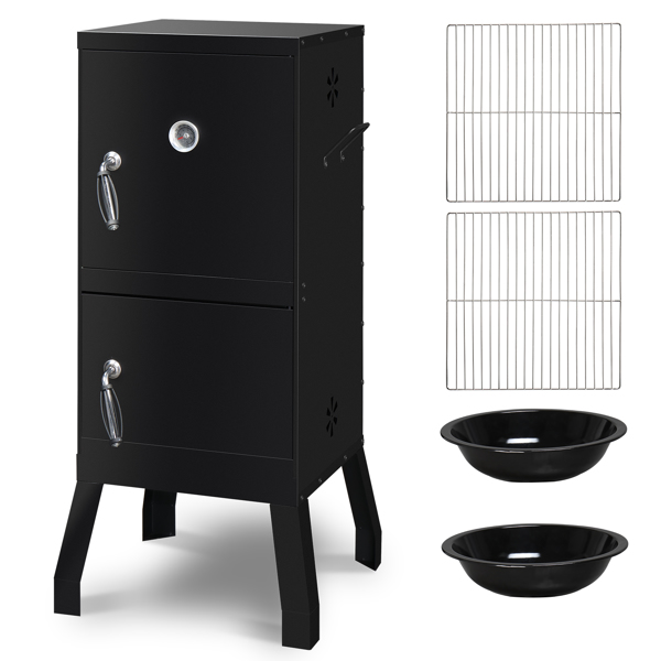 Outdoor Smoker with Double Doors, 2 Detachable Grill Netting Smoking Racks, Charcoal Pan & Water Pan, 4 Air Vents, Thermometer, Vertical Charcoal Smoker for Barbecue Camping Backyard Grill