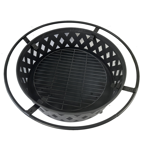 Round fire pit with net cover, fire poker, diamond mesh, metal wood burning outdoor fire pit, suitable for courtyards, backyards, gardens, bonfire parties, Christmas, Thanksgiving, Halloween