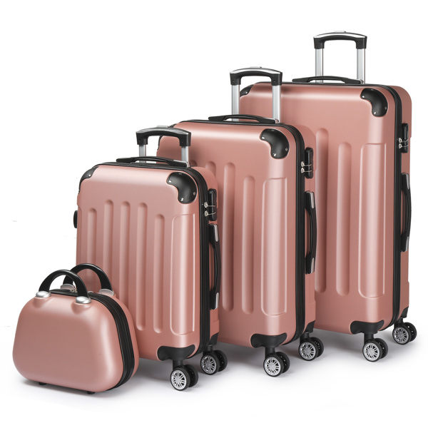 FCH Corner-Protected Four-Piece Set ABS Luggage 20in, 24in, 28in + 12in Handbag with ABS Material and Steel Telescopic Handle in Trendy Rose Gold