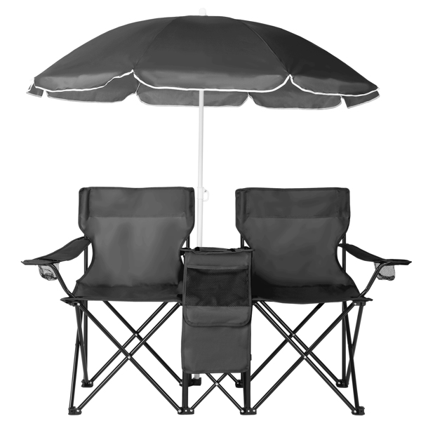 Portable Outdoor 2-Seat Folding Chair with Removable Sun Umbrella Black