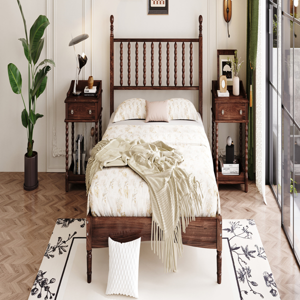 Queen Size Wood Platform Bed with Gourd Shaped Headboard,Retro Style Platform Bed with Wooden Slat Support,Walnut