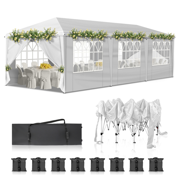 10x30ft Outdoor Pop Up Canopy, Portable Instant Canopy Tent with 8 Sidewalls for Outdoor Events Party Wedding Birthday Graduation, White