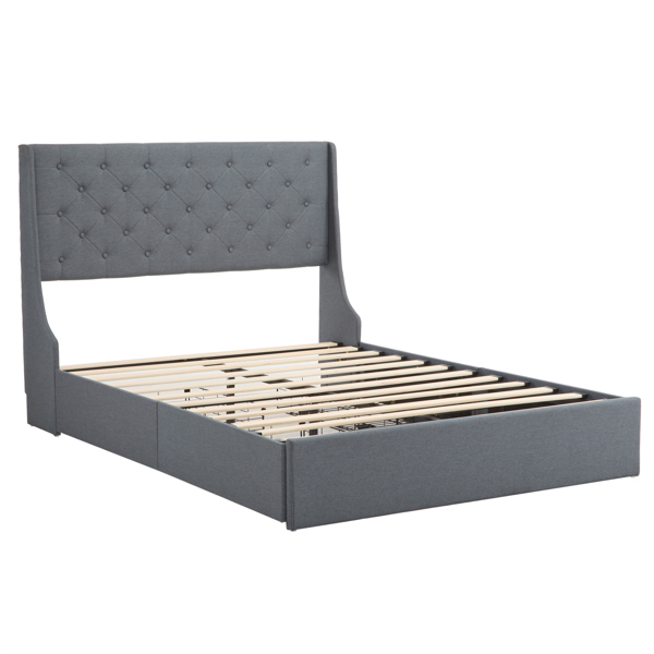 Upholstered Full Platform Storage Bed Frame with 4 Drawers, Wingback Headboard with Button Tufted Design, Wooden Slat Support, No Box Spring Needed, Dark Grey