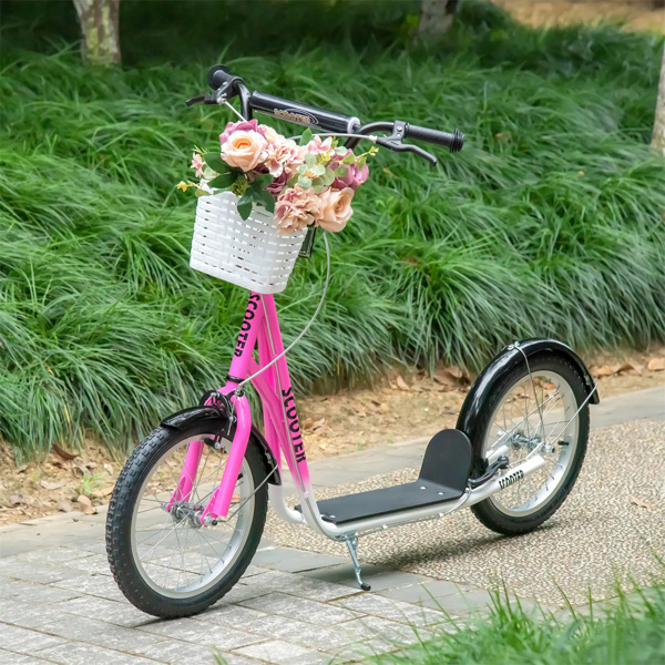 Youth Scooter with Adjustable Handlebars and plastic basket  16" Inflatable Rubber Tires  -Pink