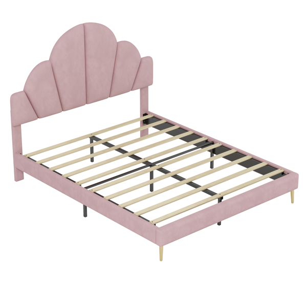 Queen Size Upholstered Bed Frame with Elegant Design, Modern Velvet Platform Bed with Petal Shape Headboard,Pink