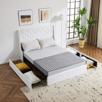 Upholstered Full Platform Storage Bed Frame with 4 Drawers, Wingback Headboard with Button Tufted Design, Wooden Slat Support, No Box Spring Needed, Beige