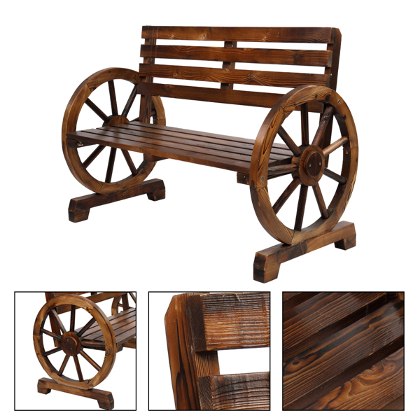 【Replace 28138436】Rustic 2-Person Wooden Wagon Wheel Bench with Slatted Seat and Backrest, Brown