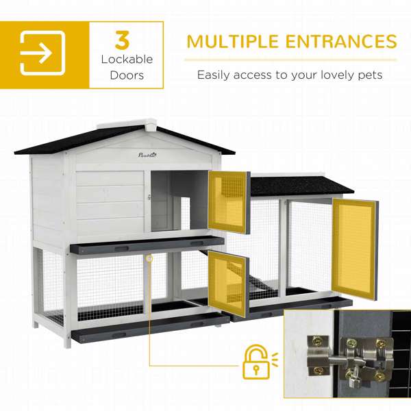 62" Rabbit Hutch, Wooden Bunny Hutch, Guinea Pig Cage, Small Animal Enclosure with Run Area, Removable Tray, Asphalt Roof, Lockable Doors and Ramp, White