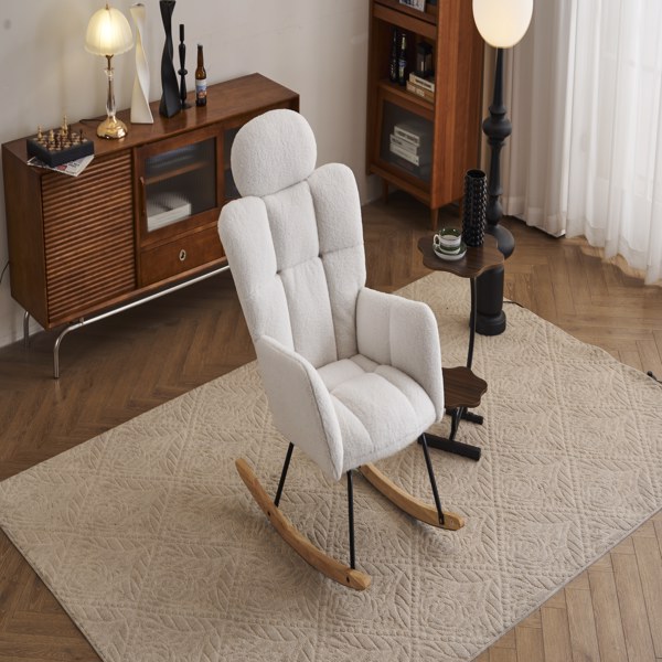 Fabric Upholstered Nursery Rocking Glider Chair Mid Century Modern Accent Arm Chair Padded Seat with High Backrest and Pillows for Living Room Bedroom Offices (Ivory Teddy)