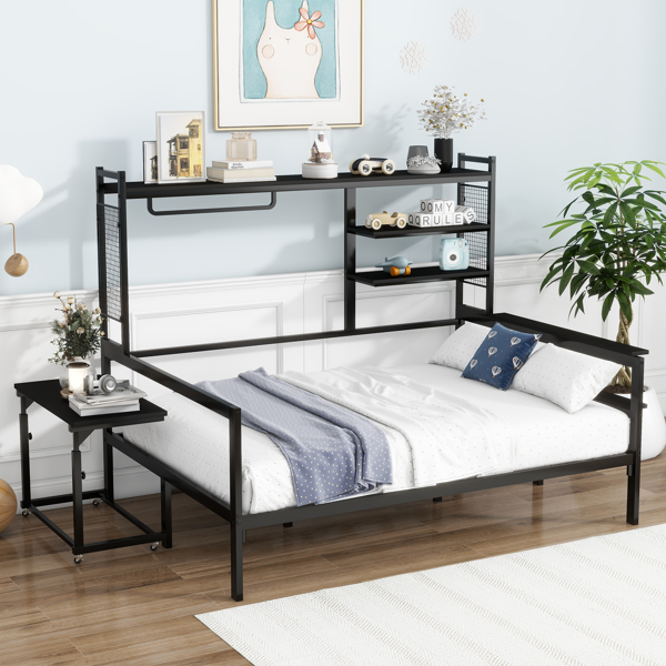 Full size Metal Daybed with Movable Desk, Metal Grid, Shelves and Clothes Hanger, Black