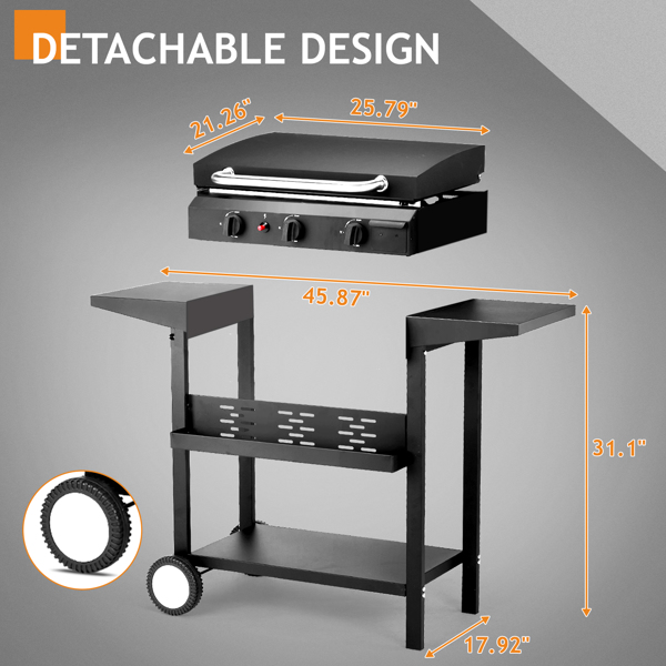 3-Burner Flat Top Gas Griddle Cooking Station with Ceramic Coated Cast Iron Pan, 30,000 BTU Propane Fuelled Griddle Station with Side Shelves & Spice Rack for Outdoor Barbecue Backyard Cookout