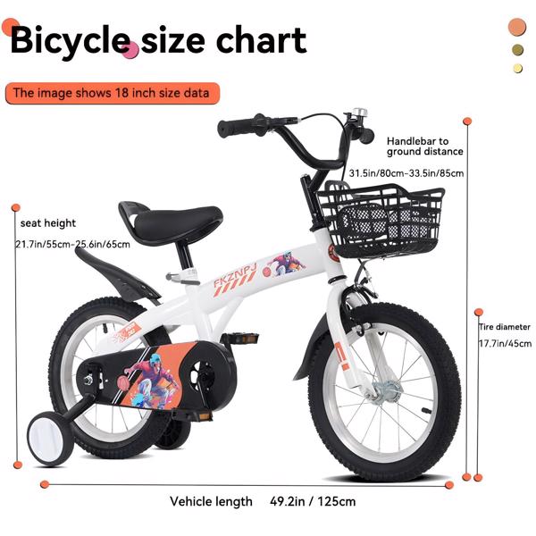 FKZNPJ 18 inch sporty kids bike with training wheels and stand Adjustable saddle Suitable for boys and girls aged 5-10 years tall Height 45-57 inches Available in a variety of colors