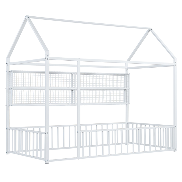 Twin Size Metal Bed House Bed Frame with Fence and Shelves, White