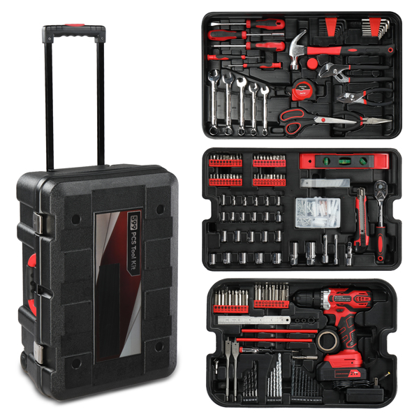 599 PCS Home Tool Set Kit, Auto Repair Tool Kit with Rolling Tool Box, Mechanic Tool Sets with 21V Max Cordless Power Drill