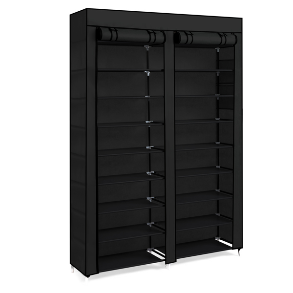 FCH Double Row 10-Tier Non-Woven Fabric Shoe Cabinet with Iron Pipes and Plastic Components, Black