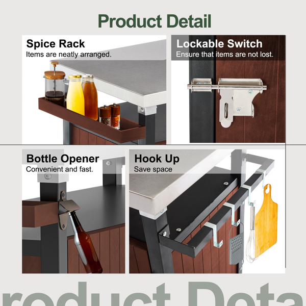Outdoor Grill Cart with Stainless Steel Tabletop, Patio Kitchen Island with Wheels, Hooks, and Spice Rack, Waterproof Outdoor Grill Table, Movable BBQ Serving Cart Rolling Bar Cart