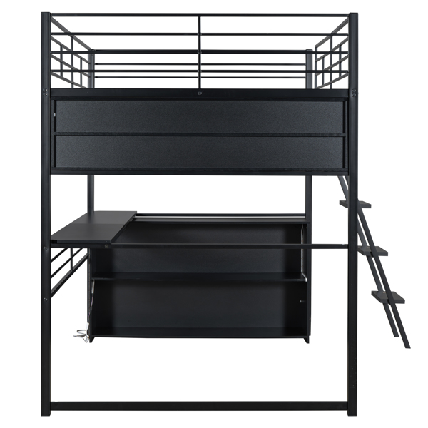 Full Size Metal Loft Bed with LED, Desk and 4 Storage Shelves, Black