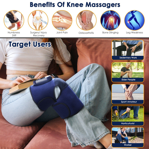 Cordless Knee Massager Heated Knee Brace Wrap Electric Knee Heating Pad with 5-Level Heating 3-Level Vibration 3-Mode & 3-Level Air Compression