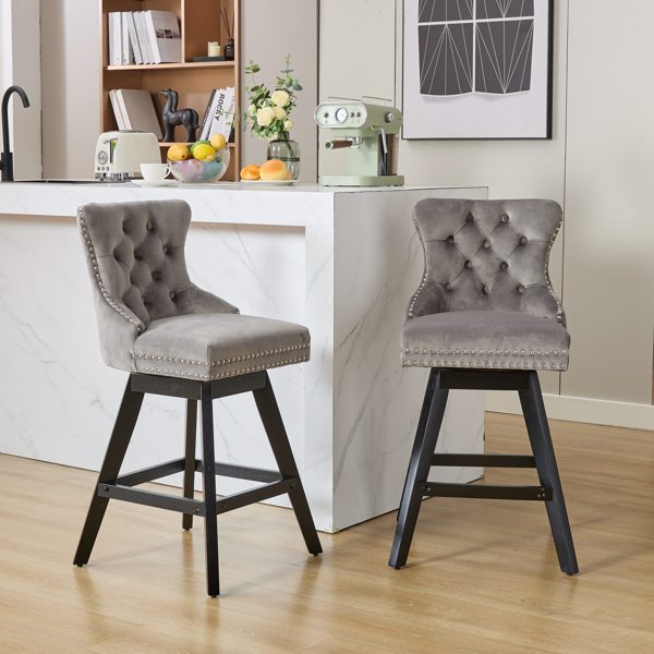 Swivel Velvet Barstools with Button Tufted Decoration and Wooden Legs, and Chrome Nailhead Trim, Leisure Style Bar Chairs,Bar stools, Set of 2 (Gray)