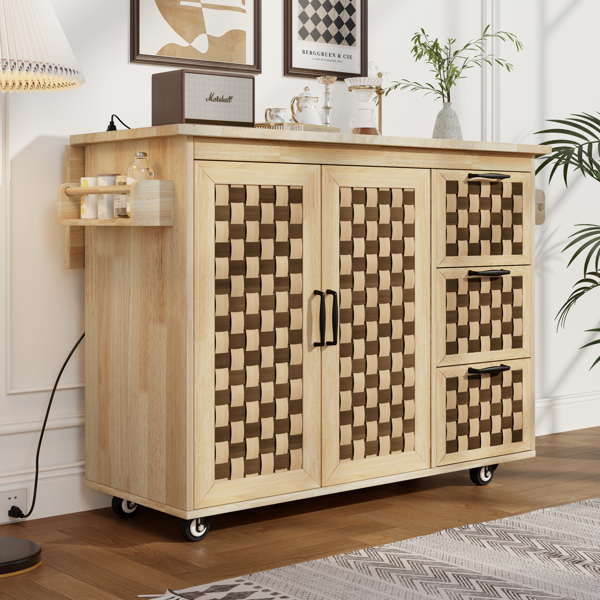 53.2"W 3D Woven Checkerboard Pattern Design Kitchen Island with Drop Leaf, Rolling Kitchen Island on Wheels with Internal Storage Rack, Power Outlet, Kitchen Cart with 3 Drawers 2 Cabinets, Nature