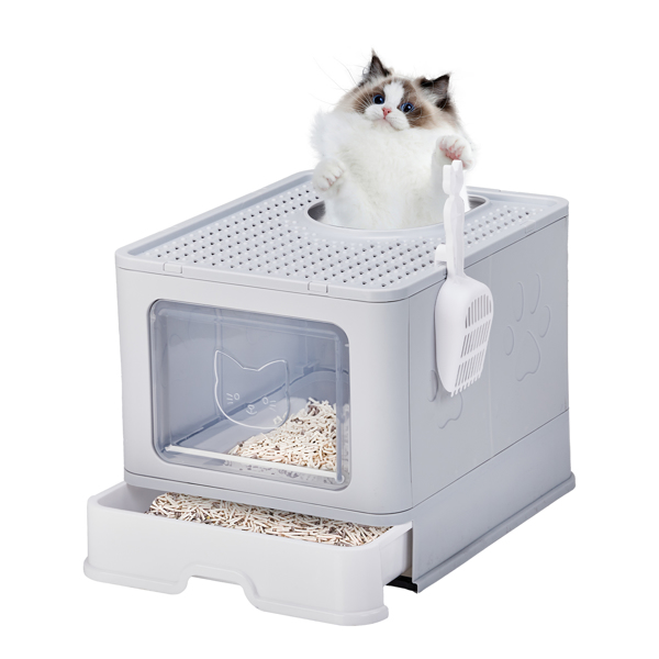 Large Enclosed Cat Litter Box with Lid Cover, Detachable Cat Toilet with Litter Scoop & Slide Out Tray, Front Entry Top Exit Door, Easy to Clean, Gray
