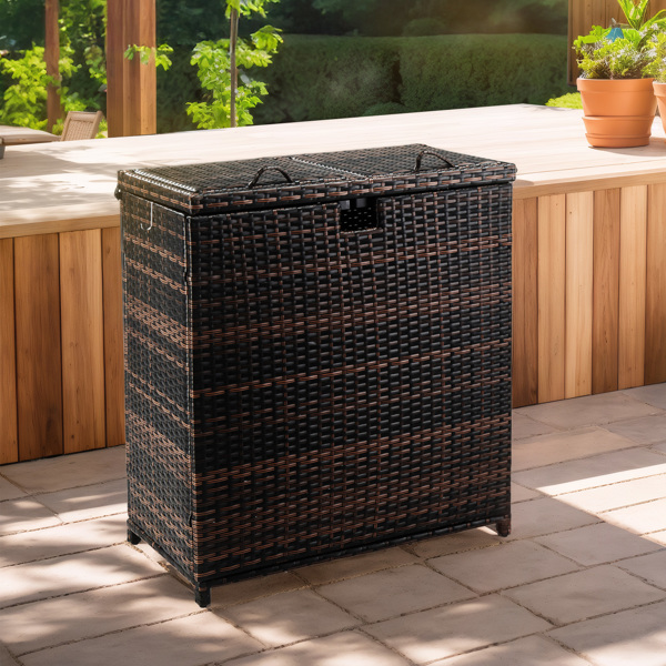 Outdoor Large Wicker Trash Bins, 72 Gallon Hideaway Rattan Trash Cans with Dual Lids for Porch Backyard Deck Patio Poolside, Brown