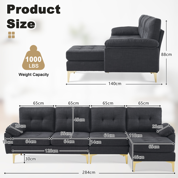 L-Shaped Sectional Sofa Couch for Living Room, Modern 4-Seater Tufted Linen Lounge Sleeper with Chaise, Black