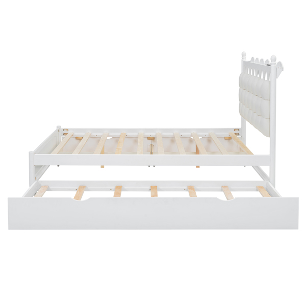 Queen Size Wooden Storage Platform Bed, with 2 Big Drawers, Twin-XL Size Trundle, White