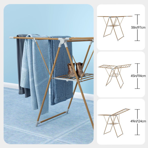 1pc, Clothes Drying Rack Foldable, Foldable Laundry Drying Rack, Free-Standing Large Drying Rack, with Height-Adjustable Wings, for Indoor Outdoor, Wood color