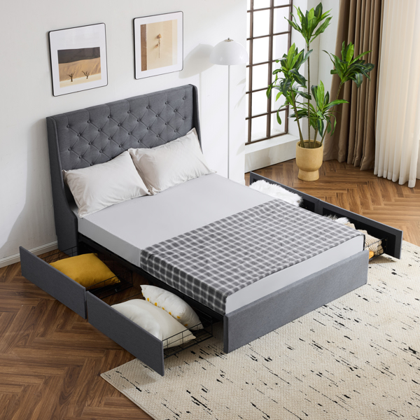 Upholstered Queen Platform Storage Bed Frame with 4 Drawers, Wingback Headboard with Button Tufted Design, Wooden Slat Support, No Box Spring Needed, Dark Grey