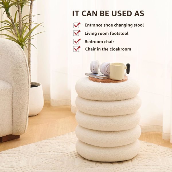 Round Storage Ottoman, Modern Sherpa Footstool, Teddy Vanity Stool with Flip-Top Tray, Makeup Chair for Home Decor, Upholstered Footrest for Living Room & Bedroom (White)