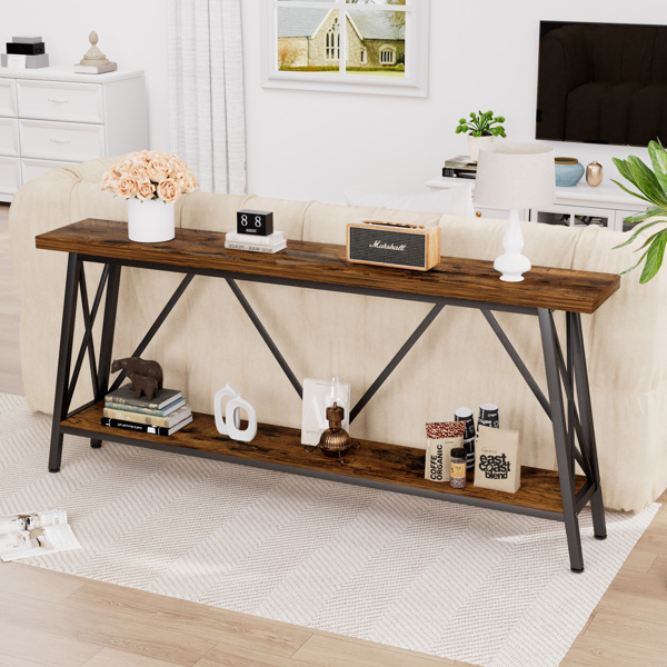 70.9 Inch Extra Long Sofa Table, Console Behind Sofa, Entryway Table with 2 Tier Storage Shelves for Hallways,Living Rooms,Foyers,Entryways,Banquet Rooms,Rustic Brown and Black, 70.9″L x 11.8"W x 32"H