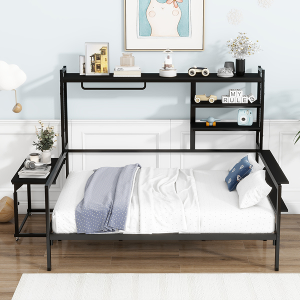 Full size Metal Daybed with Movable Desk, Metal Grid, Shelves and Clothes Hanger, Black