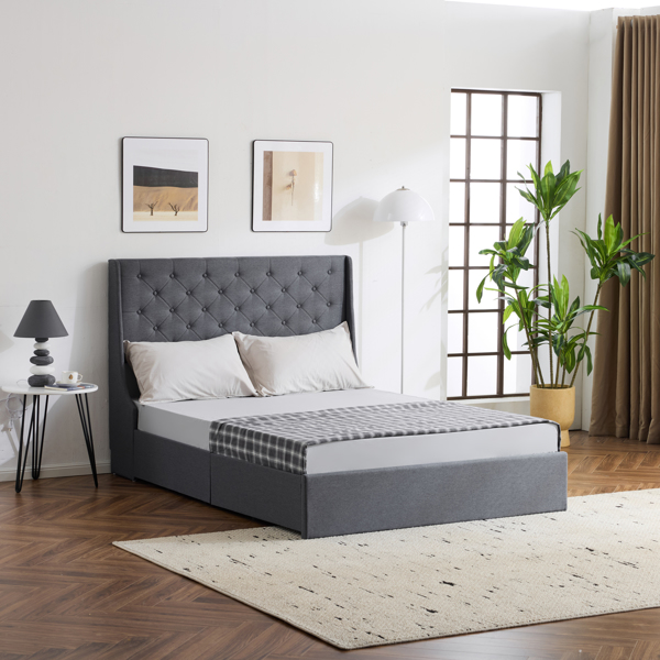 Upholstered Queen Platform Storage Bed Frame with 4 Drawers, Wingback Headboard with Button Tufted Design, Wooden Slat Support, No Box Spring Needed, Dark Grey