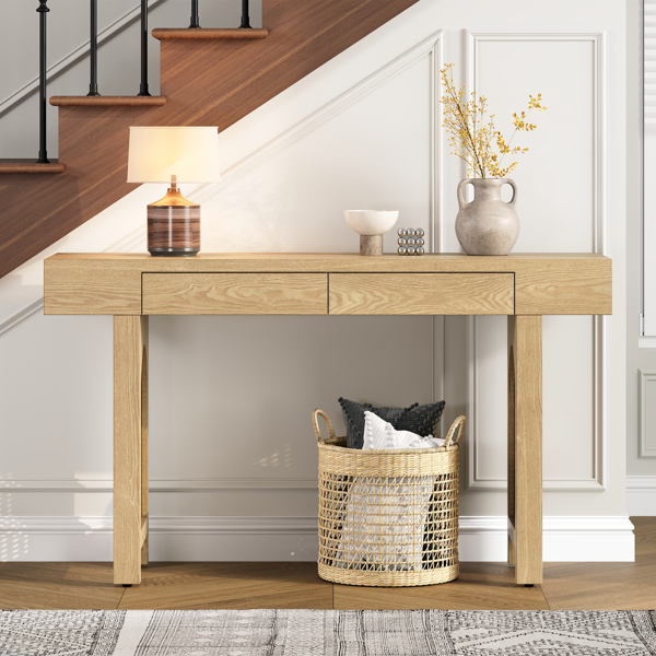 Narrow Console Table with Rattan Accent, Natural Wood Finish Entryway Table with Storage Drawers, Stylish Rustic Sofa Table for Living Room and Hallway (Natural)