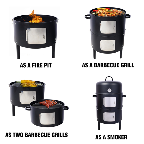 17 Inch Steel Charcoal Smoker, Heavy Duty Round BBQ Grill for Outdoor Cooking, Black