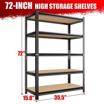 5 Tier Storage Rack, Adjustable Height Shelving, Warehouse Supermarket Basement Storage, Black Requires Assembly