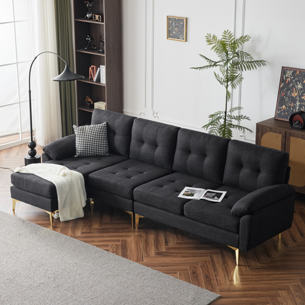 L-Shaped Sectional Sofa Couch for Living Room, Modern 4-Seater Tufted Linen Lounge Sleeper with Chaise, Black