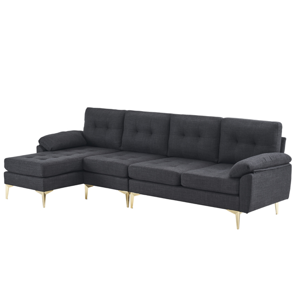 L-Shaped Sectional Sofa Couch for Living Room, Modern 4-Seater Tufted Linen Lounge Sleeper with Chaise, Black