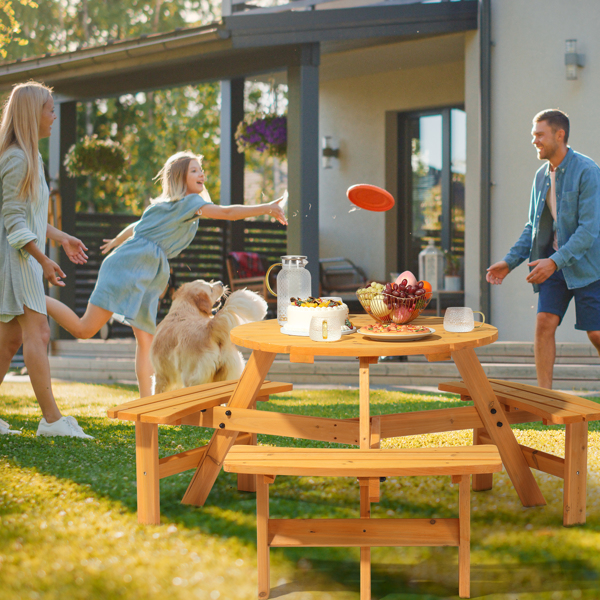 6-Person Outdoor Circular Wooden Picnic Table with 3 Built-In Benches, Outside Table and Bench Set for Porch Backyard Patio Lawn Garden