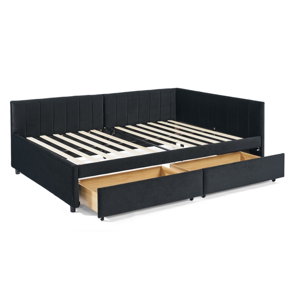 Full Size Upholstered Tufted Bed Frame with Two Drawers, Sofa Bed Frame with Comfortable Backrest and Armrests, Velvet, Black(79.5''x58''x25'')